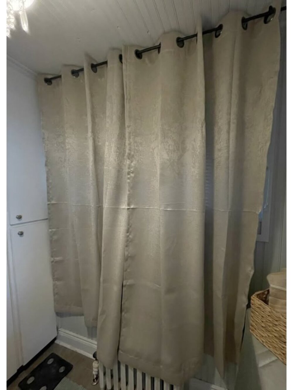 Pair of 84" Long Blackout Curtains in a Tan Gold Jacquered Print